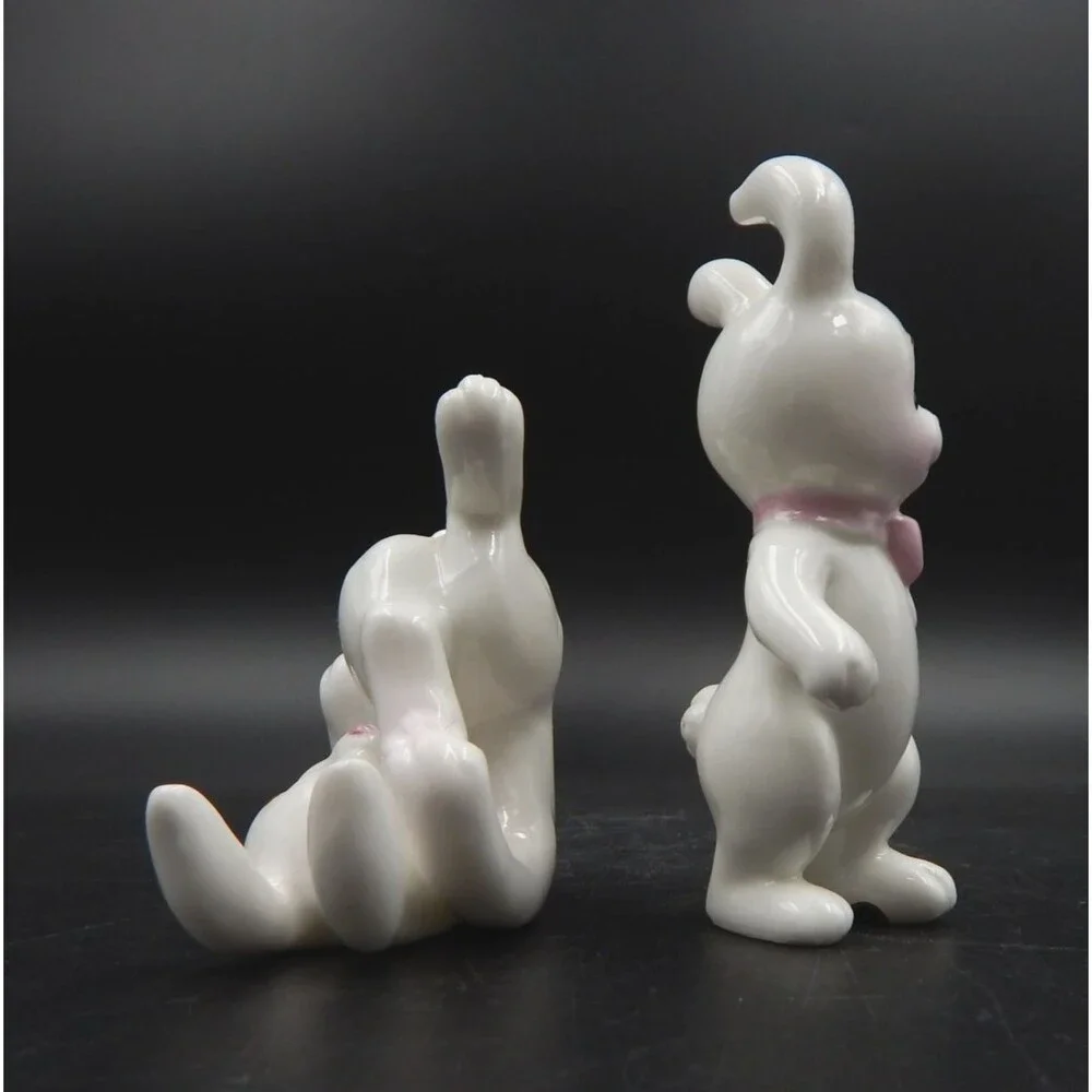 Bone China Tumbling Bunnies Rabbit Figurines 3.5 Inch White Pink Bow Taiwan